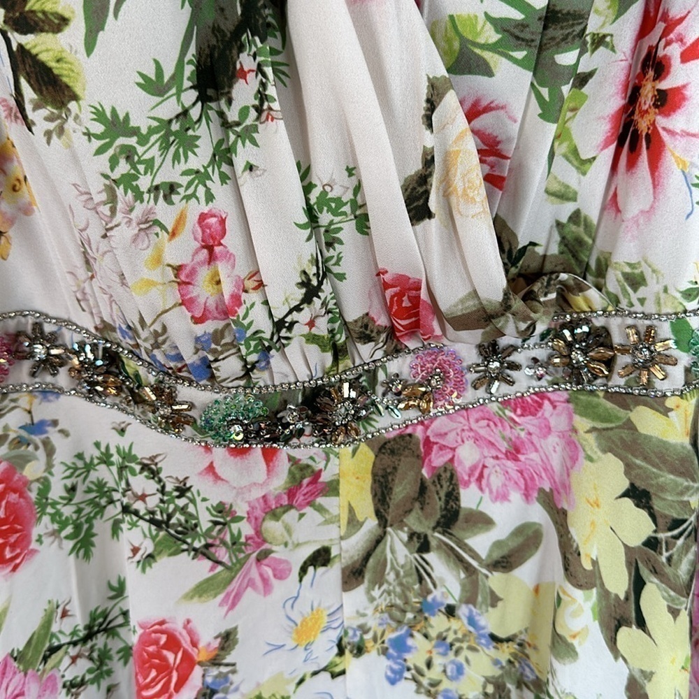 Mac Duggal FLORAL PRINT FAUX WRAP FLUTTER SLEEVE A LINE GOWN size 12 $498 - Picture 10 of 15